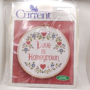 CURRENT Counted Cross Stitch KIT Love is Homegrown with 7" Diameter Hoop 7086-2